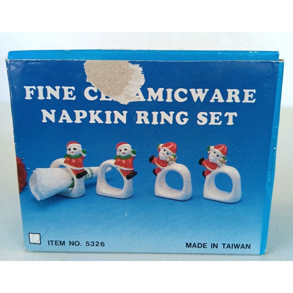 Vintage Christmas Santa Claus Elves Ceramic Napkin Rings Set of4 Thomco Taiwan